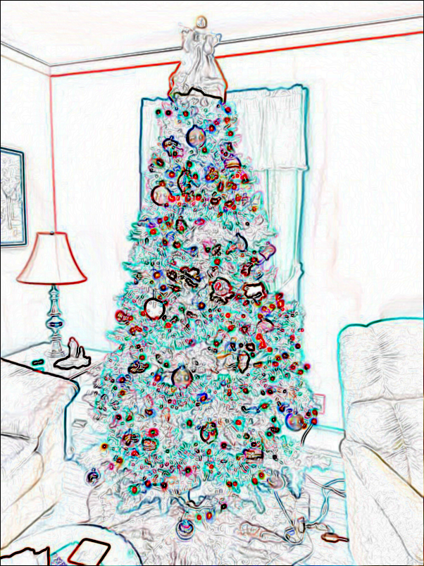 Picture ofChristmas tree with Sobel edge detection applied